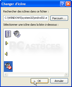 Vous trouverez une icône de haut parleur dans le fichier C:WINDOWSsystem32sndvol32.exe. Sélectionnez-la puis cliquez sur Ok.