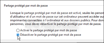 Désactiver le partage protégé par mot de passe Windows 10